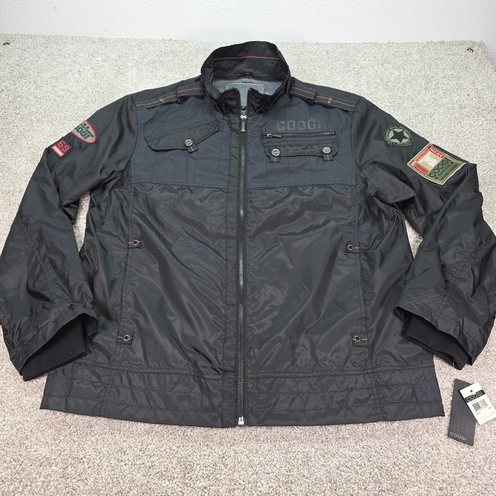 New Coogi Australia Mens Black Windbreaker Jacket Tactical Patch Full Zip 2X NWT
